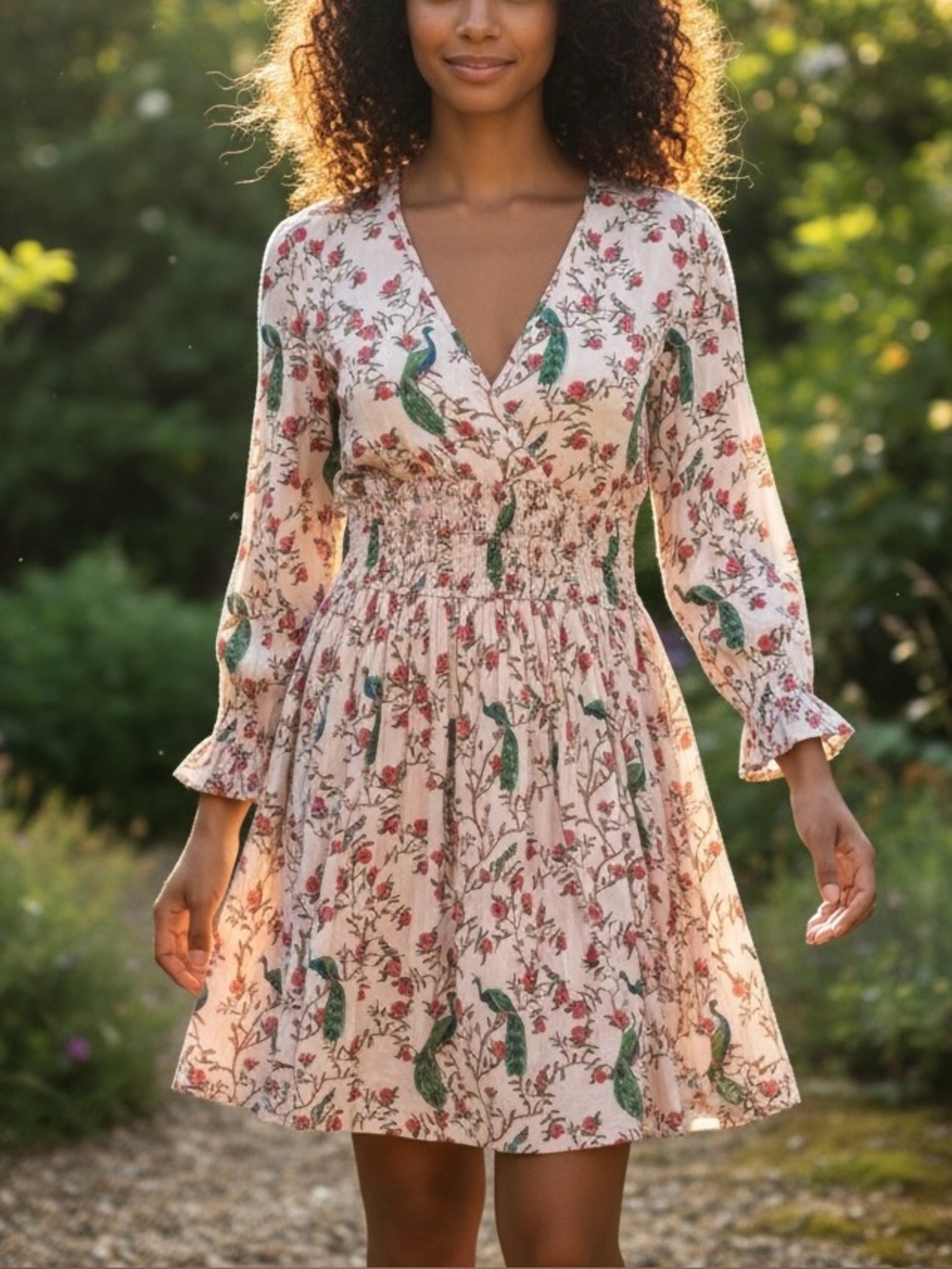 Beau & Ro Women's Peacock Floral Print 3/4 Sleeve Smocked Mini Dress Sz XS